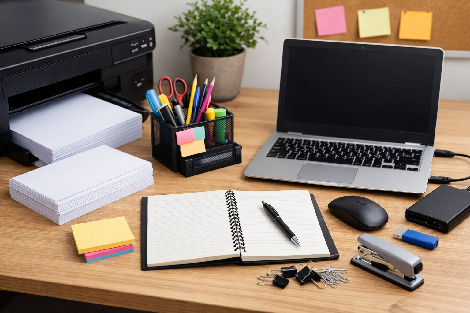 modern office desk with essential office supplies including printer paper notebooks pens and computer accessories in Kenya